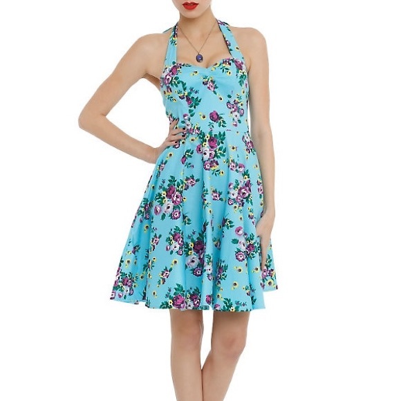 Hell Bunny Turquoise Floral Pinup Halter Dress 👗 - Picture 4 of 11